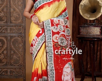 Batik Handbemalte Seide Saree - Ananas Gelb & Rot Elefanten Design - Wachs Batik Reine Maulbeerseide Sari für Frauen