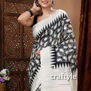 Hand Block Printed Pure Silk Saree | Black & White Mulberry Silk | Elegant Handcrafted Design for Women | Luxurious Fashion Statement