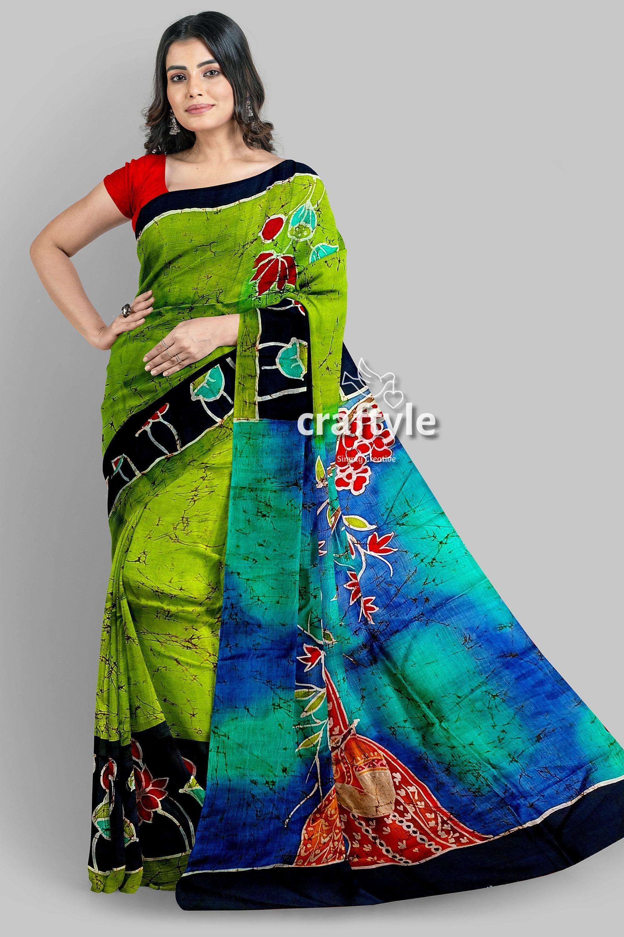 Batik Silk Saree - Radha Krishna Design Mulberry Pure Silk Sari für elegante Damenmode - Traditionelle indische Kleidung