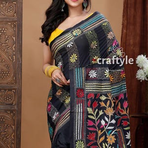 Hand-Embroidered Kantha Stitch Saree | Multi-thread Soft Silk | Unique Artisan Design for Special Occasions