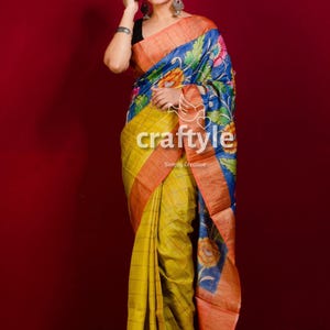Kalamkari Yellow Handmade Saree with Blouse Piece | Zari Border Tussar Silk | Hand Painted Indian Saree for Women