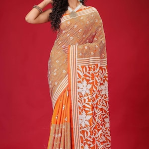 Kantha Sari Fiery Orange Bengal Silk with White Thread Embroidery, Handcrafted Lightweight Kantha Stitch Saree
