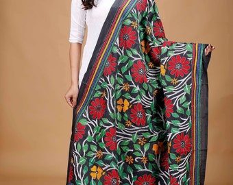 Floral Design Black Blended Bangalore Silk Kantha Work Dupatta for Women - Hand Embroidered Silk Dupatta on Sale