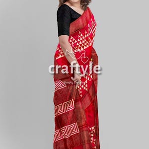 Block Print Saree | Zari Border Tussar Silk Saree | Silk Mark Certified Pure Tussar Saree with Blouse Piece | Block Printed Party wear Saree