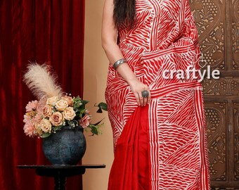 Batik Handcrafted Red White Pure Silk Saree - Mulberry Silk Sari on Sale, Elegant Batik Design for Women
