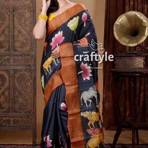 Kalamkari Pitch Black Tussar Silk Saree | Hand-Painted Pure Tussar, Certified by Silk Mark, Unique Indian Ethnic Wear