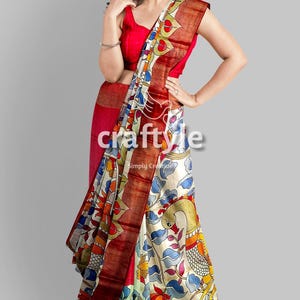 Stunning Peacock Design Handcrafted Kalamkari Saree with Blouse Piece |  Zari Border Tussar Silk Saree | Hand Painted