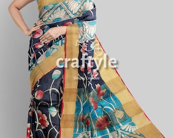 Lotus Motif Hand Painted Kalamkari Saree with Blouse Piece |  Zari Border Tussar Saree | Kalamkari Sari on Sale