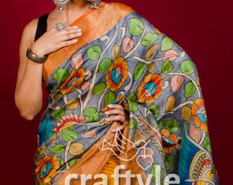 Grey & Jaffa Brown Hand Painted Kalamkari Saree with Blouse Piece, Ethnic Wear for Women - Tussar Silk Saree