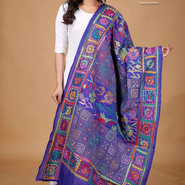 Multicolored Kantha Dupatta | Hand Embroidered Silk Shawl for Women | Kantha Work Dupatta Indian Dupatta for Women