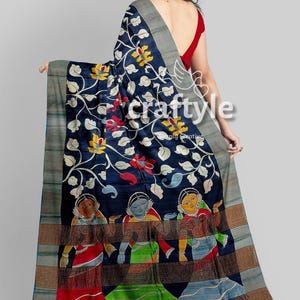Kalamkari Onyx Black Handpainted Tussar Silk Saree with Blouse Piece | Party Wear Saree | Ethnic Kalamkari Design
