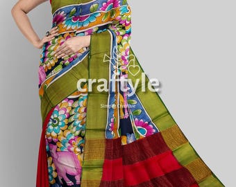 Elephant Motif Hand Painted Tussar Kalamkari Saree with Blouse Piece | Zari Tussar Silk Saree | Kalamkari Sari