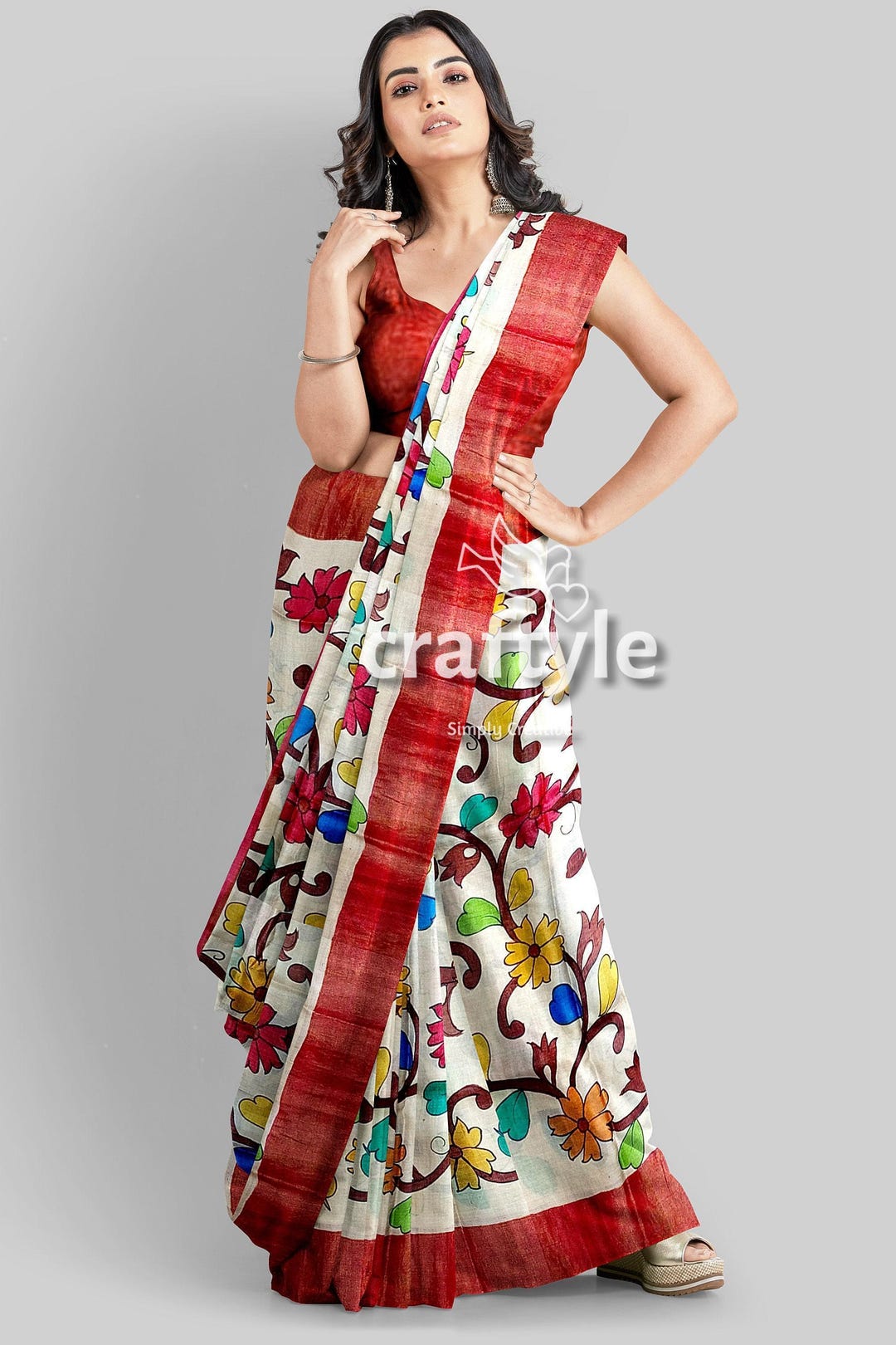 Blue Color Kalam Kari Printed Half Tussar Saree With Running  Blouse