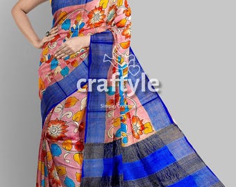 Kalamkari Light Pink Handmade Saree | Zari Border Tussar Silk | Elegant Party Wear Saree on Sale