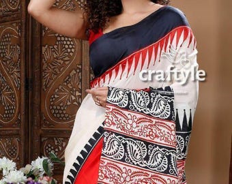 Pure Silk Saree | Daisy White Hand Block Print Mulberry Silk | Elegant Women's Designer Saree, Soft & Luxe Fabric