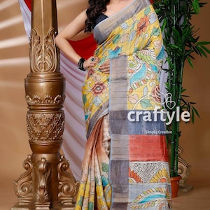Pineapple Yellow Hand Painted Bishnupuri Tussar Kalamkari Sarees |  Zari Border Tussar Silk Saree with Blouse Piece