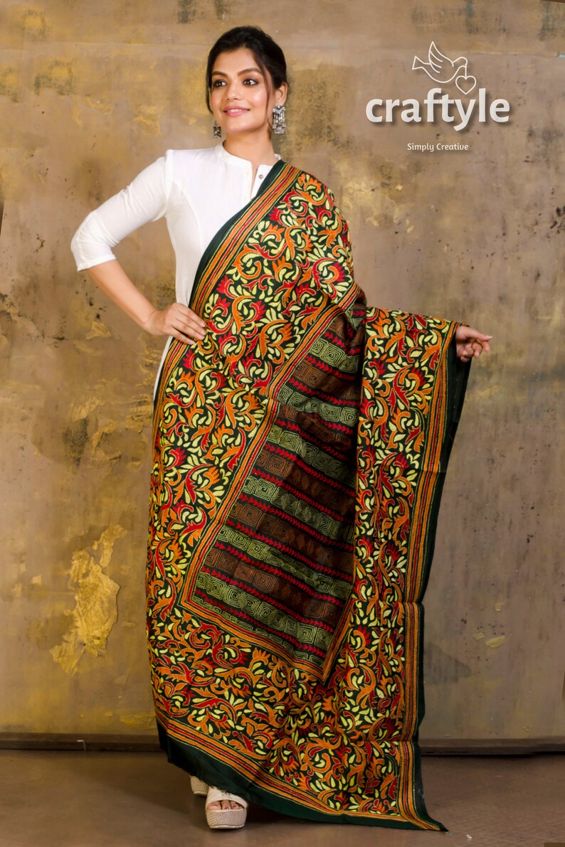 Kantha Stitch Dupatta Embroidered Silk Dupatta Bangalore Etsy