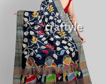 Kalamkari Onyx Black Handpainted Tussar Silk Saree with Blouse Piece | Party Wear Saree | Ethnic Kalamkari Design