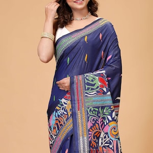 Dark Navy Blue Multicolor Theme Silk Kantha Stitch Saree