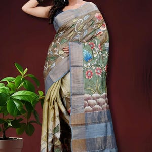 Kalamkari Saree for Women | Sri Krishna Handpainted Tussar Silk with Blouse Piece | Unique Kalamkari Fashion