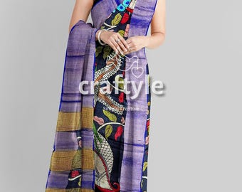 Kalamkari Ink Black Handpainted Saree | Tussar Silk with Blouse Piece | Unique Kalamkari Sari for Women