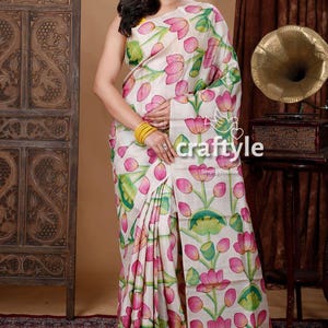Kalamkari Hand Painted Tussar Silk Saree with Blouse Piece | Unique Lotus Motif, Pure Tussar, Elegant Indian Fashion