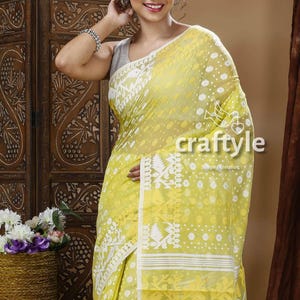 Jamdani Saree Lime Green Dhakai Handloom Bengali Soft Jamdani Sari for Women Elegant Traditional Indian Wear on Sale