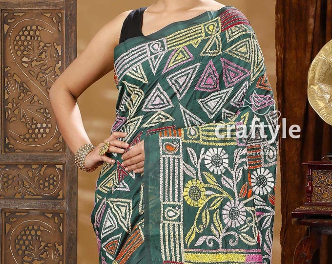 Green - Bengal Kantha Hand Embroidery Silk Cotton Chapa Work Saree 05