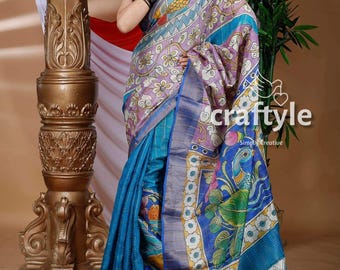 Silk Mark Certified Hand Painted Tussar Kalamkari Saree | Pure Silk Kalamkari Sari with Blouse Piece & Zari Detailing