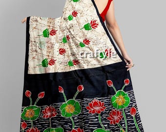 Batik Handgefertigter Saree mit Blusenteil - Lotus Motiv Reine Seide - Maulbeerseide Sari für Frauen - Elegante Traditionelle Kleidung