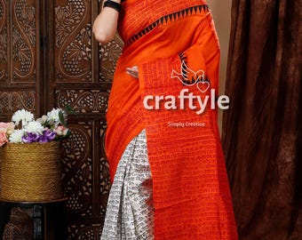 Block Printed Fire Orange Silk Sari | Handcrafted Mulberry Silk Saree for Elegant Occasions & Special Events