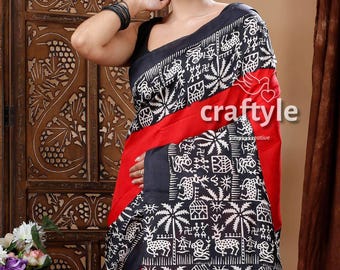 Block Printed Pure Silk Sari in Scarlet Red & Black | Handcrafted Mulberry Silk Saree for Women