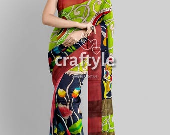 Kalamkari Handpainted Apple Green Saree | Tussar Silk Kalamkari Sari with Blouse Piece for Women