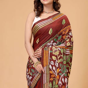 Sanguine Brown Leaf Motif Silk Kantha Saree