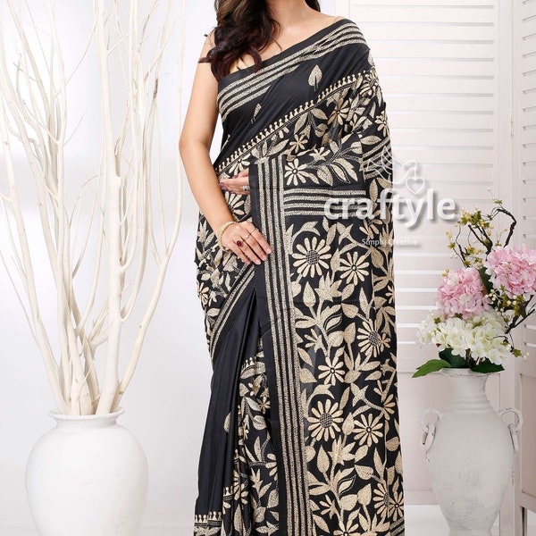 Onyx Black with Beige Thread Work Silk Kantha Saree with Blouse Piece - Blended Bangalore Silk Saree with Hand Embroidery