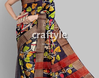 Ebony Black Hand Painted Kalamkari Saree with Blouse Piece |  Zari Border Tussar Saree  | Kalamkari Sari on Sale