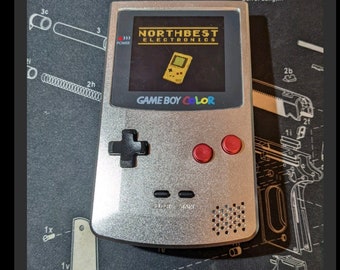 Gameboy Color with Funny Playing q5 Ips Lcd backlit screen & oem buttons, mebrain, Boxy Pixel Aluminum front shell w/ brightness adjustment.