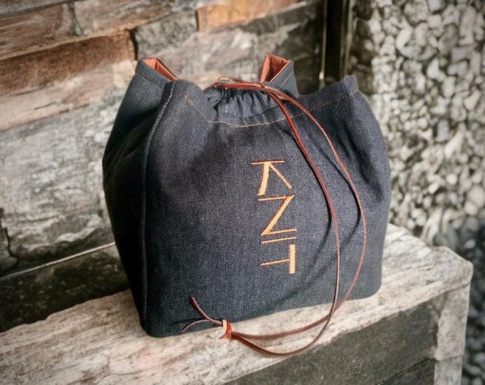 Featured listing image: Handmade project bag for wool lovers made from denim