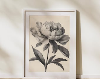 Vintage Peony Flower Wall Art | Black & White Botanical Print | Elegant Floral Digital Download for Minimalist Home Decor