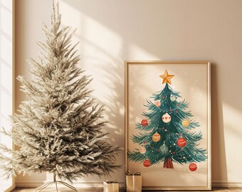 May include: A framed Christmas tree art print with a gold star on top, decorated with ornaments. A dried, silver-toned Christmas tree stands to the left. Two small wrapped gifts sit on the wooden floor.