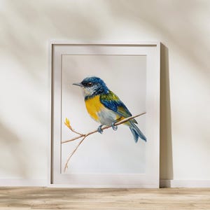 Watercolor Blue and Yellow Bird Wall Art, Minimalist Nature-Inspired Digital Download, Modern Home Decor Print