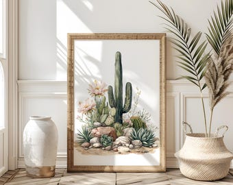 Desert Cactus Wall Art Print – Botanical Watercolor Succulent Illustration for Boho Southwest Decor & Nature-Inspired Interior