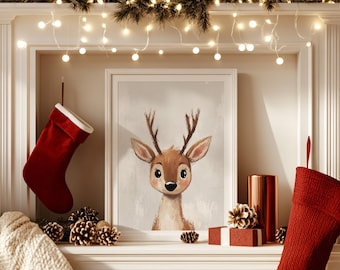 Weihnachten Rentier Wand Kunst Print für Kinderzimmer oder Kinderzimmer, Wald Tiere Urlaub Dekor, Winter Digital Download Poster