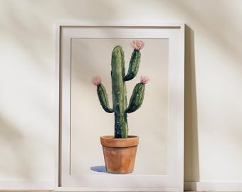 Watercolor Cactus Wall Art | Potted Succulent Botanical Print | Minimalist Desert Plant Digital Download for Boho Decor