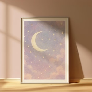 Crescent Moon and Stars Nursery Wall Art Print – Pastel Sky Celestial Bedroom Decor for Kids Baby Room Poster