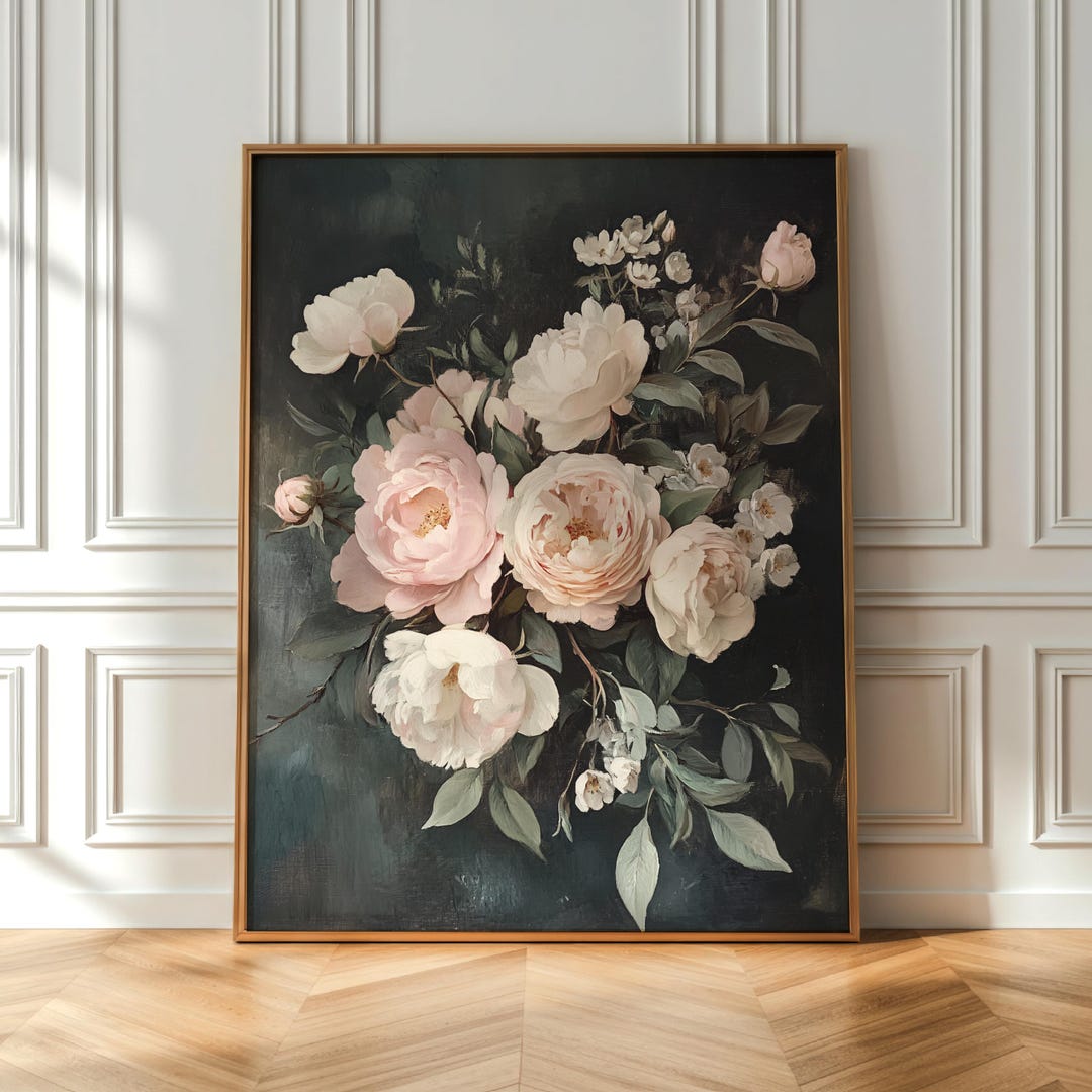 Dark Moody Peony Floral Art Print, Vintage Rose Bouquet Painting ...