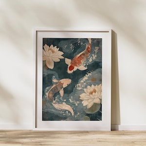 Puede incluir: Dos peces koi nadan en un estanque azul con nenúfares blancos. Los peces están pintados en un estilo japonés tradicional con escamas rojas, blancas y negras. Los nenúfares tienen pétalos blancos y hojas verdes.