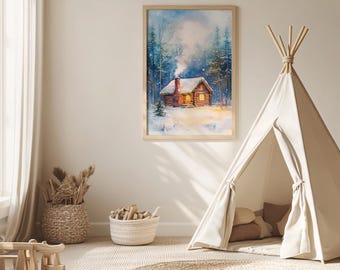 Winter Cabin Wall Art, Snowy Mountain Landscape Print, Cozy Rustic Log ...