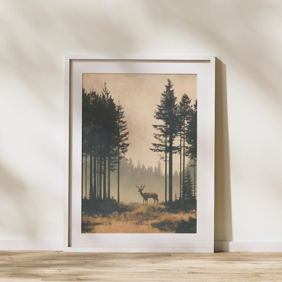 Rustic Forest Deer Print - Vintage Woodland Wall Art, Nature Landscape ...