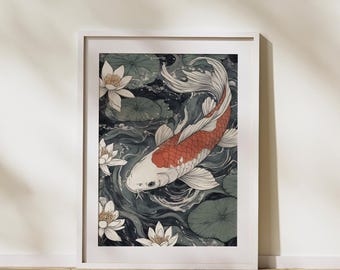 Lámina artística de acuarela con peces koi / Estanque de lotos vintage (Descarga digital)